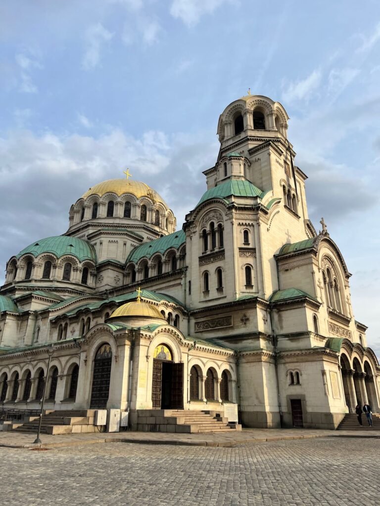Wide view of Alexander Nevsky Cathedral golden dome and bell tower in Sofia