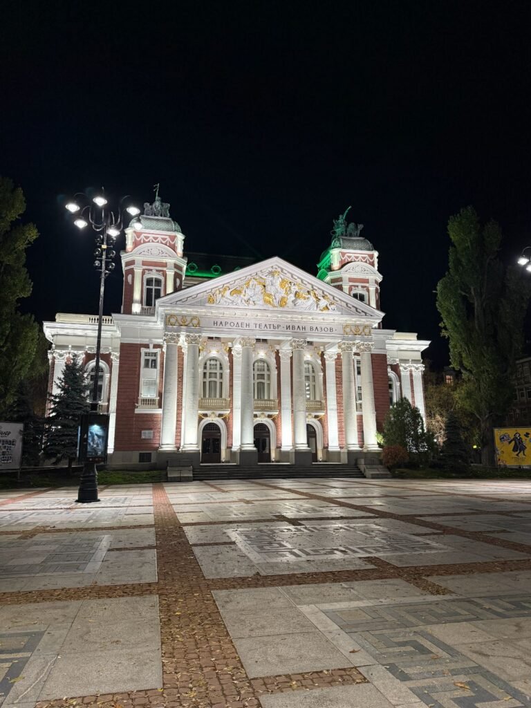Ivan Vazov National Theatre illuminated at night in Sofia