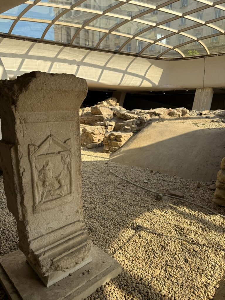 Ancient Roman ruins of Serdica beneath the glass canopy at Serdica metro station